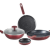 Bergner Amarone 5 Pcs Induction Bottom Cookware Set of 24 cm (2.4 L) Kadhai with Glass Lid, 24 cm (1.3 L) Fry Pan,25 cm Tawa, 14 cm Mini Pan, Induction Base and Gas Stove Ready - Maroon